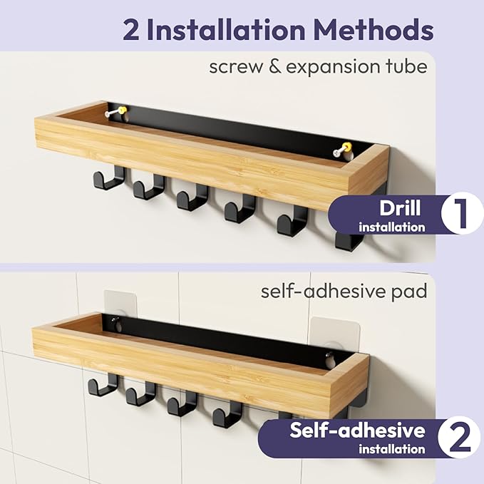 SWTYMIKI Key Holder Wall Mount - Wooden Key Hooks for Wall with Mail Organizer & 6 Hooks, 2 Installation Ways Key Hanger, Key Rack with Shelf for Entryway Living Room Bedroom Office Home Decor Wood