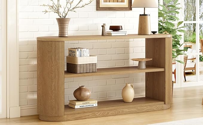 Modern Curved Console Table for Entryway, Farmhouse Solid Wood Fluted Sofa Table with Open Shelf & Elegant Wood Grain, Oval Long Foyer Table for Entry Way Hallway Living Room-58.9" Natural