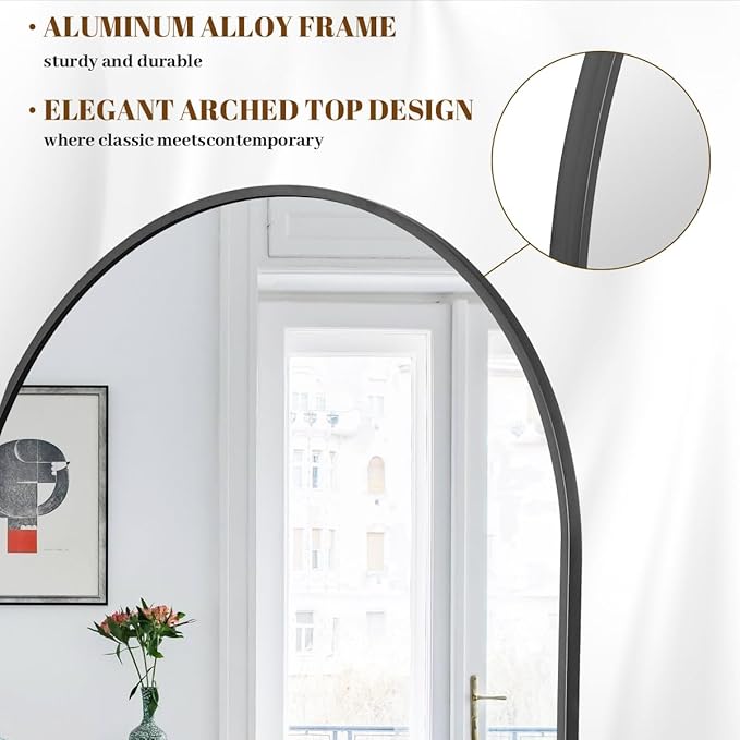 Koonmi 34"x76" Arched Full Length Mirror, Black Large Floor Mirror with Aluminum Alloy Frame Standing Hanging or Leaning Wall-Mounted Full Body Mirror for Living Room and Bedroom