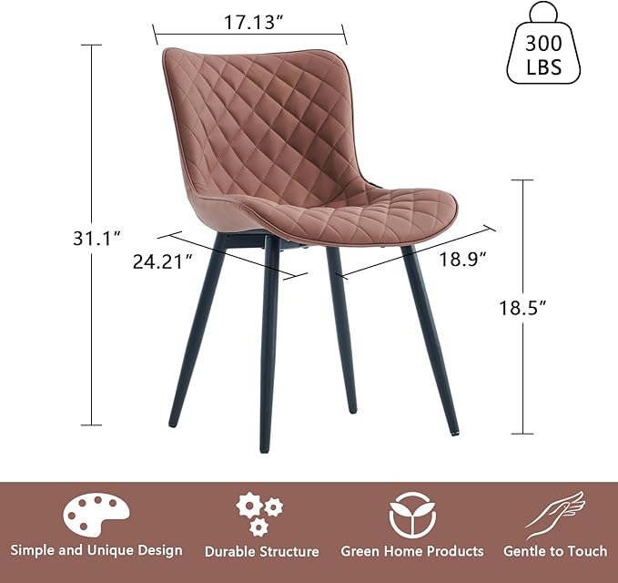 YOUTASTE Coffee Brown Dining Chairs Set of 2 Mid Century Modern PU Leather Diamond Upholstered Accent Guest Dinner Chair with Back Metal Legs for Kitchen Living Reception Waiting Room