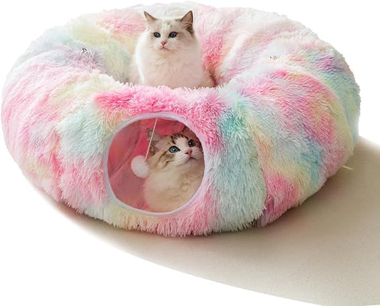 HIPIPET Winter Plush Cat Tunnel with Bed, Multifunctional Cat Toys for Small to Large Cats (Rainbow)