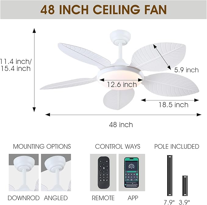 Ceiling Fans with Lights and Remote/APP Control, 48 Inch Tropical Ceiling Fan for Bedroom Living Room, Outdoor Palm Leaf Ceiling Fan for Patios Porch, Dimmable, 6 Speeds, Reversible, White