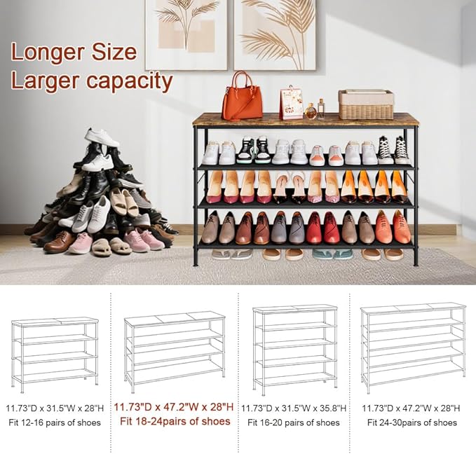 Shoe Rack Organizer 4 Tier Long Metal Organizer Shelf with Industrial MDF Board and Layer Fabric for Entryway Closet Bedroom Living Room Garage,Black & Rustic Brown