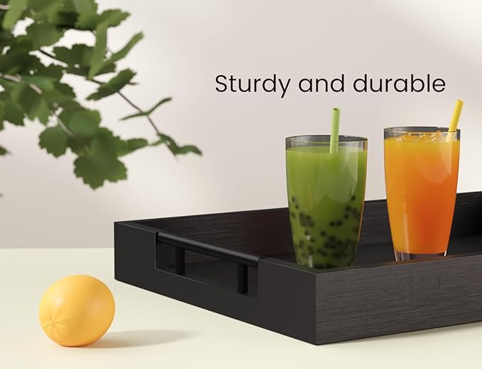 Bamboo Set of 2 Serving Tray with Metal Handles,Ottoman Decorative Trays Platter for Coffee Table,Living Room,Bar,Party(Black)