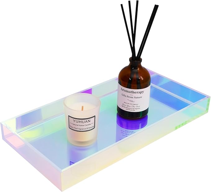 Acrylic Tray Iridescent 5mm Thicken 12x6'' - Vanity Makeup, Perfume, Jewelry Holder, Napkin, 12x6'' Decorative Serving Tray for Bathroom, Toilet Tank, Sink Countertop, Living Room,Dresser,Wedding