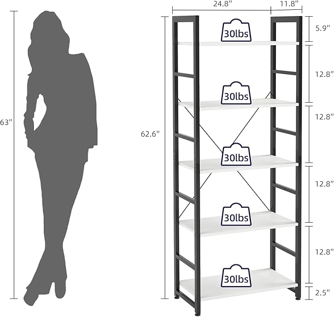 24" Bookshelf, 5-Tier Ladder Shelf, Industrial Bookcase, Wooden and Metal Storage Rack, Shelving Unit for Living Room Entryway Office, White Book Shelves
