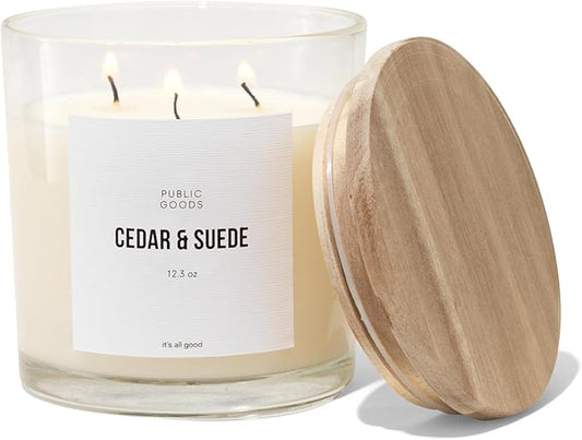 Public Goods Scented Soy Candle for Women & Men | Large 3 Wick Glass Candle | Long Lasting & Non Toxic | Made with Natural Soy Wax & Organic Essential Oils | Gift Box | 12.3oz Jar | Cedar & Suede