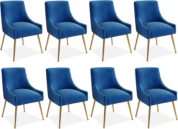 Dining Chairs, Accent Chairs Set of 8, Modern Upholstered Kitchen Dining Chairs with Gold Legs, Fabric Tufted Velvet Living Room Chairs for Reception Room Bedroom Kitchen(Navy Blue)