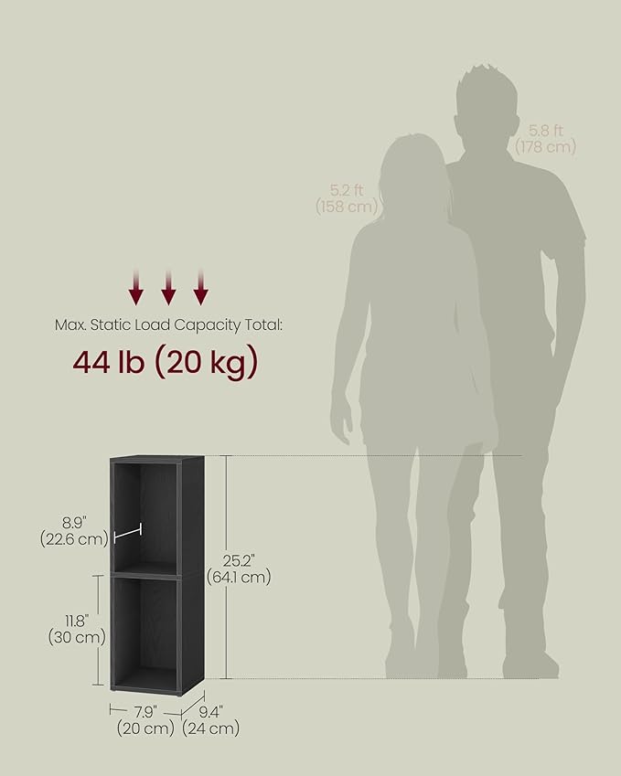 VASAGLE Custos Collection - Bookshelf, 2-Tier Bookcase, Book Shelf, Open Storage Shelf, 9.4 x 7.9 x 25.2 Inches, for Living Room, Home Office, Dining Room, Ebony Black ULBC522B01