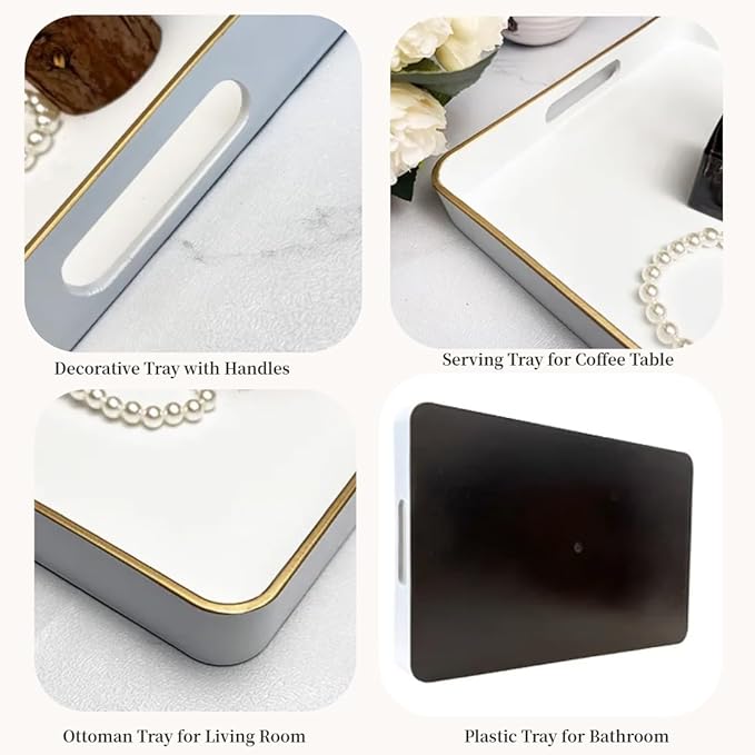 White Decorative Tray, Rectangular Serving Trays with Handles,Ottoman, Coffee Table Tray for Living Room, Bathroom, Home Decor 15.7” x 10.2”