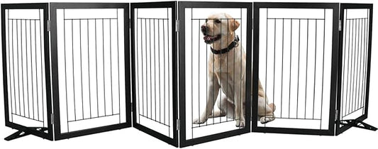 ZJSF Freestanding Dog Gate Indoor, Foldable Dog Fence for Doorways,Hallways or Stairs, Sturdy Wood Extra Wide Pet Gate with Support Feet,Black,32 "Height-6 Panels