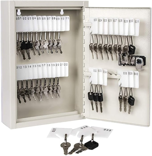 KYODOLED Key Storage Lock Box with Code, Locking Key Cabinet, 40 Key Holder Wall Mount with Combination Lock, Hooks & Tags Labels for Home, Office, Business, 2.5" D x 8.1" W x 12.1" H, White