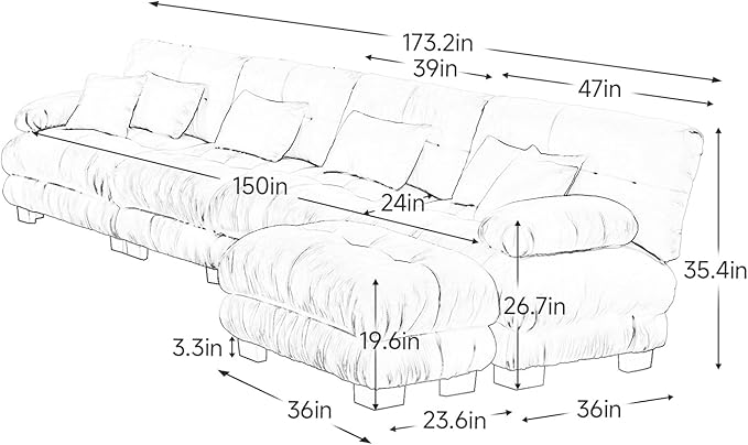 173.2" Oversized Couch, 4 Seater Modular Sectional Sofa, White Large L Shaped Fluffy Couch Set, Chenille Cloud Sofas with Ottoman for Living Room