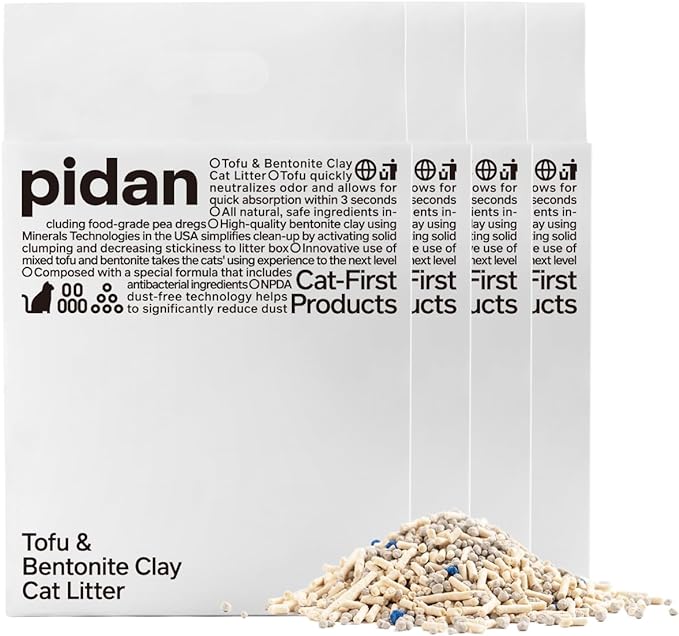 pidan Mix Cat Litter,Tofu Cat Litter with Bentonite 70%:30%,Absorbent and Fast Drying,Flushable Tofu Litter,Selected Quality Pea Dregs,5-Fold Water Absorption,Strong Clumping(5.3lb×4bags)