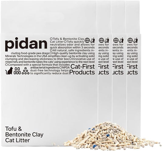 pidan Mix Cat Litter,Tofu Cat Litter with Bentonite 70%:30%,Absorbent and Fast Drying,Flushable Tofu Litter,Selected Quality Pea Dregs,5-Fold Water Absorption,Strong Clumping(5.3lb×4bags)