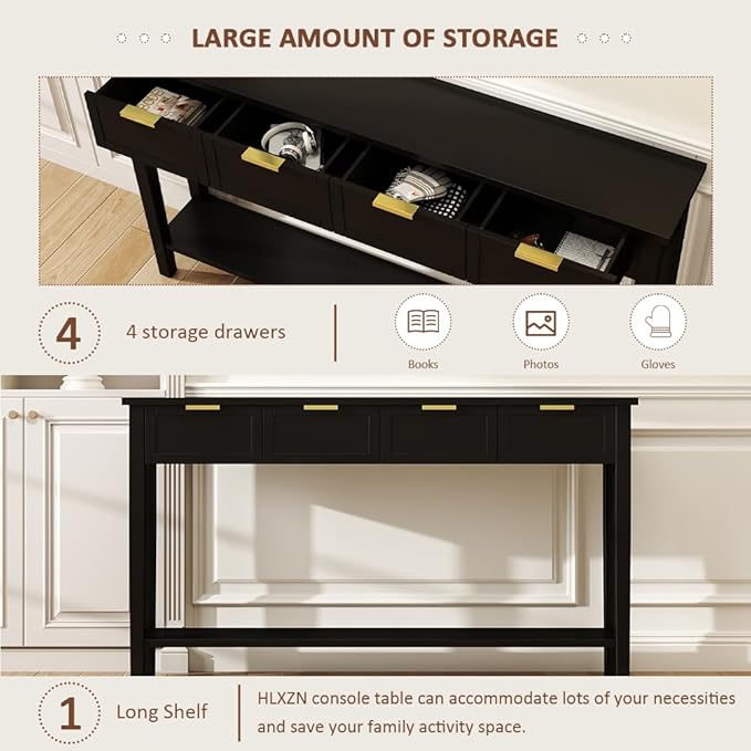 Console Tables for Entryway, 60 Inch Sofa Table w/4 Drawers and Bottom Shelf Narrow Long Hallway Table for Living Room Entryway Home, Black