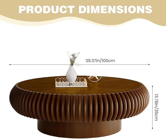 Fluted Round Coffee Table for Living Room 39.37" Modern Drum Coffee Table Mid Century Handcrafted Circle Wood Center Tables with Pedestal for Small Space Apartment (Walnut)