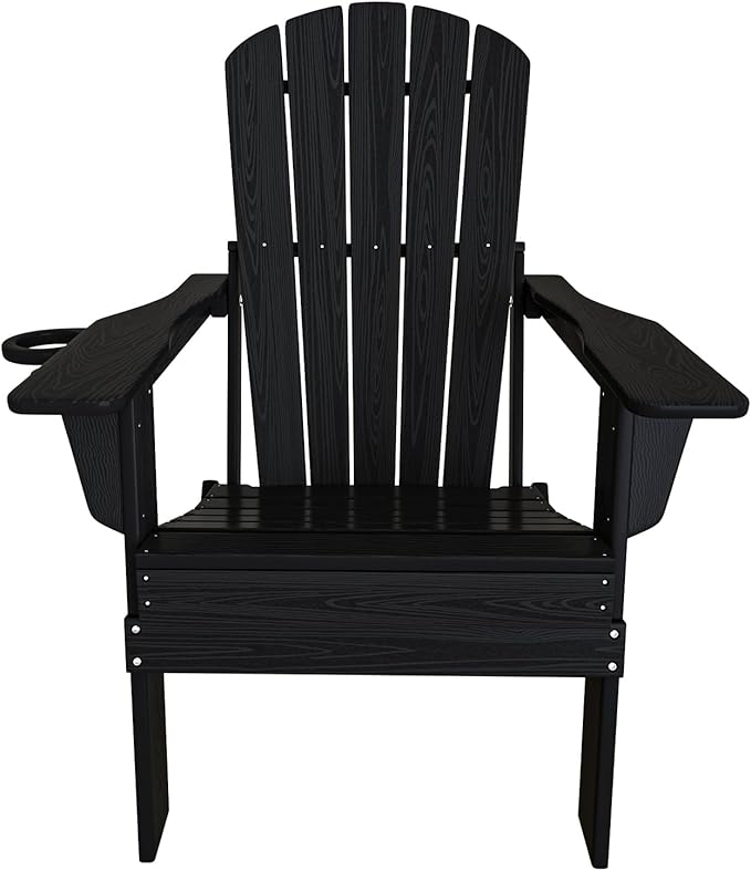 Plawdlik Folding Adirondack Chair Set of 4, Cup Holder，Wooden Textured ，Heavy All-Weather HDPE Comfortable Set Poolside Backyard Lawn Black