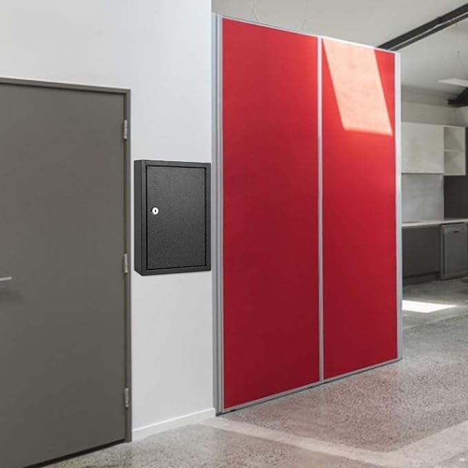 KYODOLED Key Storage Lock Box Wall Mount, Locking 40 Key Cabinet Holder Box with Key Lock, Hooks & Labels for Home, Office, Commercial Management, 2.5" D x 8.1" W x 12.1" H, Black