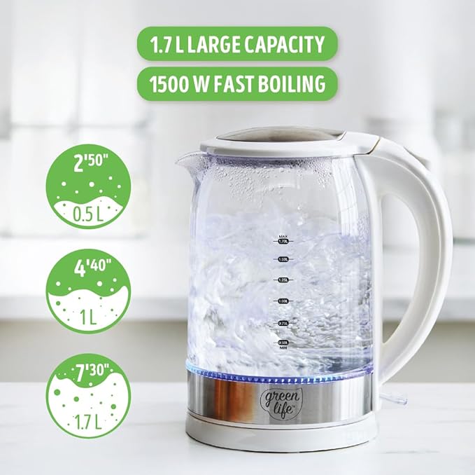 GreenLife 1.7 Liter Glass Electric Kettle, Easy One Touch Use, Quick Heating, Filtered Spout, LED Base, Auto Shut-Off, Cordless Serving, Coffee and Tea, White