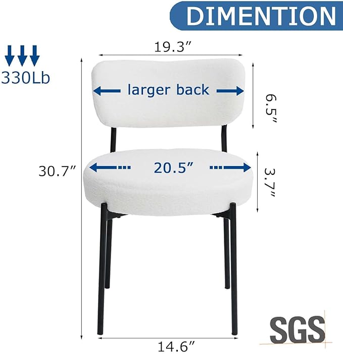 White Boucle Dining Chairs Set of 8, Upholstered Dinner Chair with Metal Frame, Dining Room Chairs with Padded Seat, Round Modern Seating for Living Room