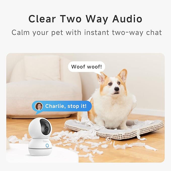 Noorio 2K Indoor Security Camera, Pet Camera with Speaker Pan&Tilt, One Click Call Baby Monitor Night Vision, Smart Motion Tracking Cam for Dogs, Plug-in 24/7 SD&Cloud Storage, CS201