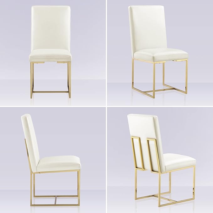 AUZ Dining Chairs Set of 4, White Faux Leather Mid Century Modern Chairs with Gold Stainless Steel Sled Legs