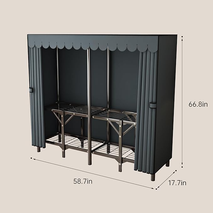 Gray Large Portable Armoire Wardrobe Closet with Foldable Clothing Wardrobe 25MM Steel Pipe Metal Frame Clothes Rack,One Piece Folding Design