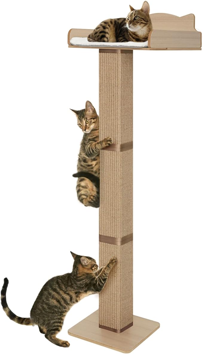 Cat Window Perch with Thick Sisal Scratching Post, Cat Hammock for Window, 53.5" Adjustable Tall Cats Scratching Post with 2 Upgrade Suction Cups, Cats Window Bed with Fuffy Cushion, Jute