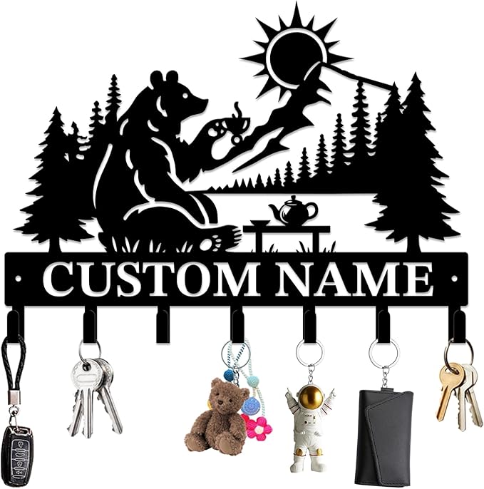 Personalized Custom Name Bear Key Wall Hooks,Metal Bear Keys Clothes Hooks,Metal Bear Wall Home Storage Decorative,For Front Door, Hallway, Kitchen, Bedroom,Keys,Hats (Style C)