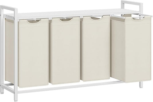 VASAGLE Laundry Hamper, Laundry Basket, Laundry Sorter with 4 Pull-Out and Removable Bags, Shelf, Metal Frame, 4 x 10.6 Gallons (40 L), 45.7 x 13 x 28.4 Inches, Cream White and Cloud White UBLH401W01