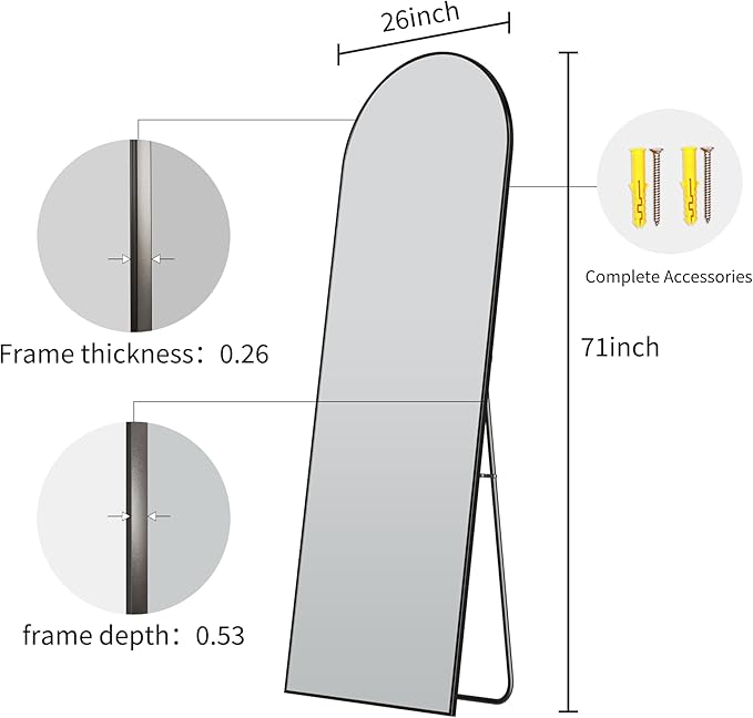 Full Body Mirror 26x71 inch Arched Full Length Mirror with Stand Aluminum Wall Mounted Hanging or Leaning Standing Mirrors, Black