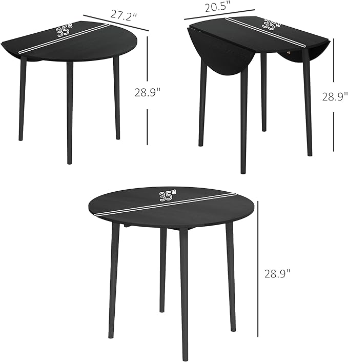 HOMCOM 35" Small Kitchen Table, Collapsible Drop Leaf Table for Small Spaces, Round Folding Dining Table with Solid Wood Legs for Kitchen, Dining Room, Black