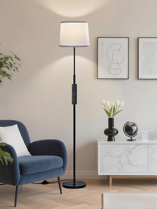 60" Modern Floor Lamp for Living Room Bedroom, Standing Lamp with White Linen Lampshade, Remote and Foot Switch, Tall Lamp with A19 9W 3000K-6000K Color Temperature 10%-100% Brightness Dimmable Bulb