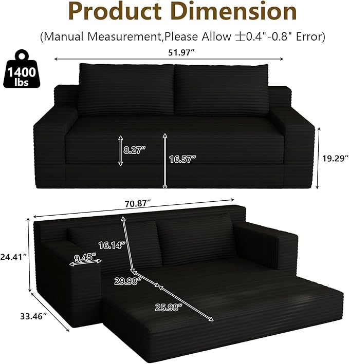 70.78" Loveseat Sofa, Modern Small Corduroy Couch Comfy Deep Seat for Living Room, Bedroom, Apartment, Home Office, No Assembly, Black