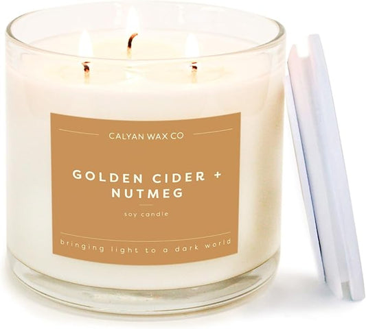 Calyan Wax Co. Golden Cider & Nutmeg 3 Wick Scented Candle - 43 Hour Burn - Luxury 3 Wick Soy Candles - Non Toxic Soy Wax Candles - Long Lasting Large Glass Jar Candle for Home - 14.9oz