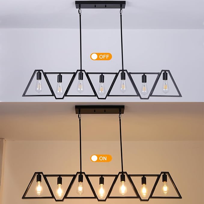 Dining Room Light Fixture, Kitchen Island Lighting with Adjustable Rods, Modern Chandelier Pendant Lamp Over Table (Black, 7 Light)