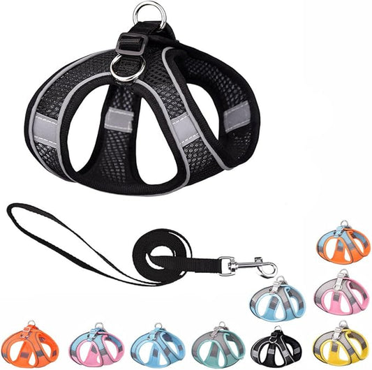 Black Dog Harness for Small Dogs, No-Pull Puppy Harness with Leash for Easy Walk, Breathable Mesh Reflective Cat Vest for XXS Xs Small Medium Breed Pet Dogs, S