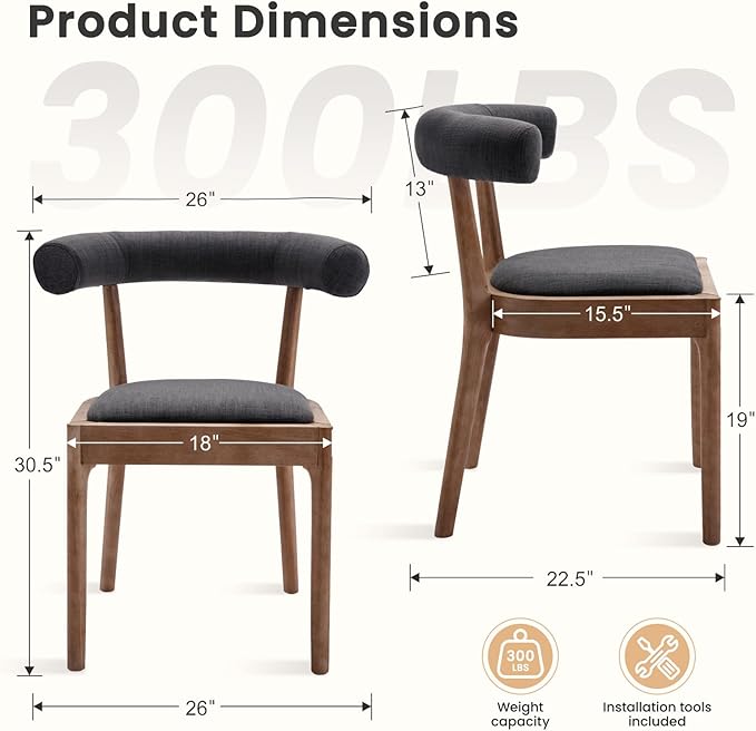 Kmax Mid-Century Modern Dining Chairs Set of 4, Upholstered Fabric Kitchen Chairs with Natural Walnut Frame & Linen Curved Back, Charcoal Black
