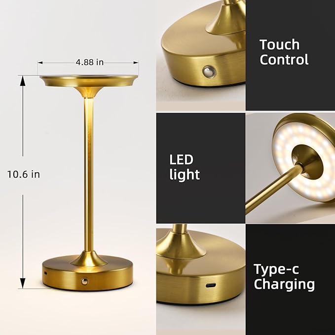 2 Pack Rechargeable Table Lamp, LED Cordless Table Lamp, 5000mAh Battery Operated Portable Table Light,Dimming for Restaurant/Patio/Outdoor(Gold)