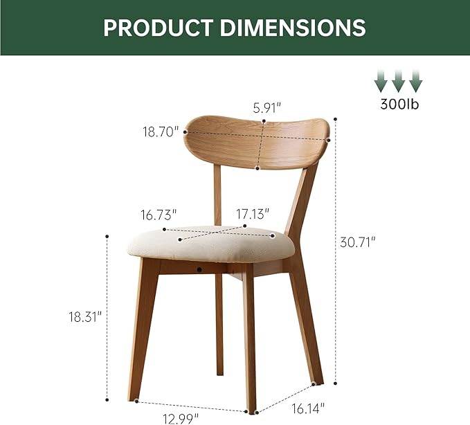100% Solid Wood Upholstered Dining Chairs, Mid Century Modern Oak Dining Chairs with Curved Back Design with Butterfly Wing Shape for Kitchen, Dining Room, Restaurant (2PK, Log Color-Beige Cushion)
