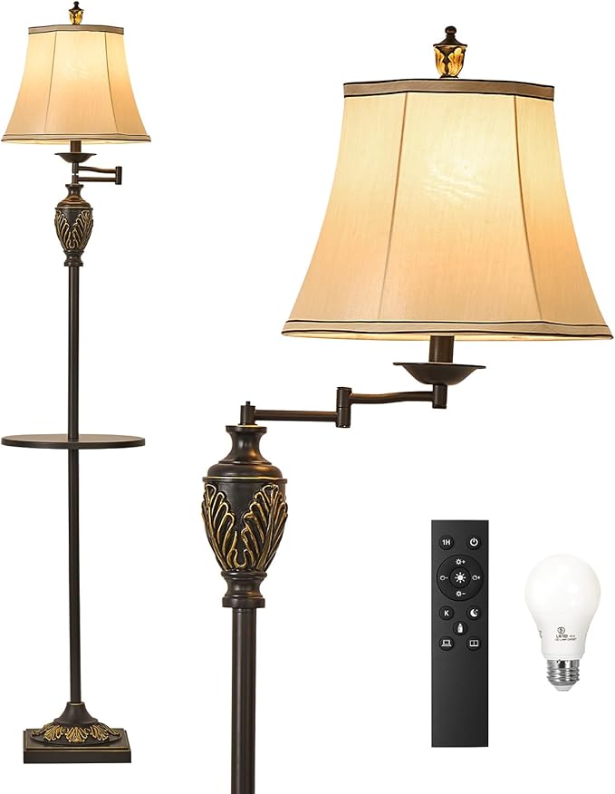 Traditional LED Floor Lamp with 350° Adjustable Swing Arm Lamp – Vintage Standing Pole lamp for Living Room, Bedroom and Office – Rustic Upright Floor Light for Home Décor with Silk Fabric Shade