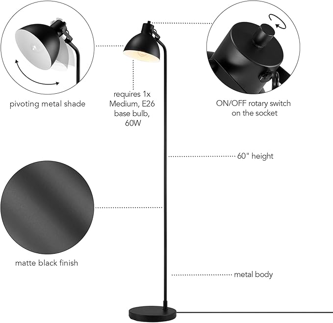 GLOBE Electric 60" Floor Lamp, Matte Black, On/Off Rotary Switch on Socket, 6-Foot Black Cord, Reading Light, Bedroom, Living Room, Home Decor