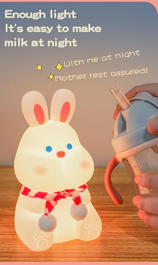 Rabbit Night Light for Adults Kids,LED Dimmable Animal Silicone Bunny Lamp Nightlight,Rechargeable BedsideTable Lamp withTouch Sensor 7 Colors,Gifts Decor for Kids Aduts,Bedrooms,Living Room