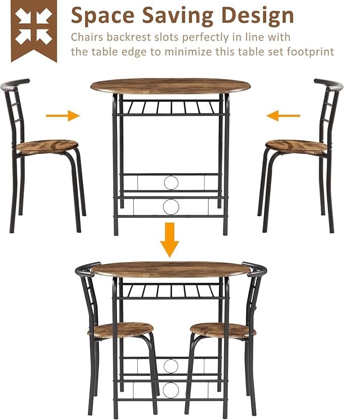 VECELO 3-Piece Dining Table Set for Kitchen Breakfast Nook, Wood Grain Oval Tabletop and Metal Frame with Built-in Wine Rack, for Small Spaces, 31.5", Antique & Black