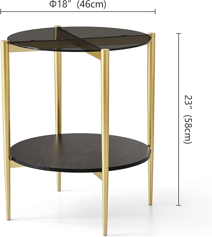 Round Glass End Table, Mid-Century Modern Design Sofa Table for Living Room, D18 x H23 in, 2-Tier Structure, Grey Glass Top and Black Marble Shelf, Sleek Conical Legs with Gold Finish Frame