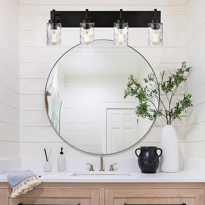 BONLICHT 4 Light Wall Vanity Bathroom Lights with Clear Hammered Glass in Black Finish,Modern Farmhouse Sconces Wall Lighting Fixtures Over Bath Makeup Mirror Industrial Wall lamp for Kitchen Hallway