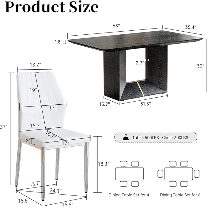 63" Modern Black Dining Table Set for 6 with Chairs, 7 Piece Rectangular Dining Room Table and 6 PU Leather Chairs, Kitchen Dining Set with Matte Wood Finish, Geometric Base, Easy Assembly