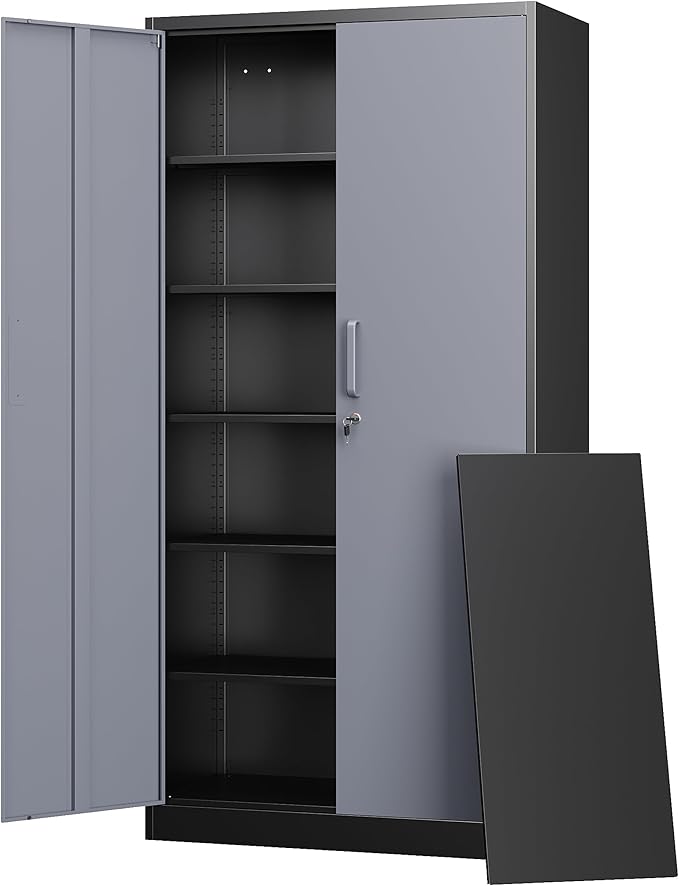 Letaya Metal Storage Cabinet with Lock Door and 5 Shelves,6 Tier Steel Garage Tool Cabinet for Home Office Utility Room 72" H X 36" W X18 D (Black Gray)