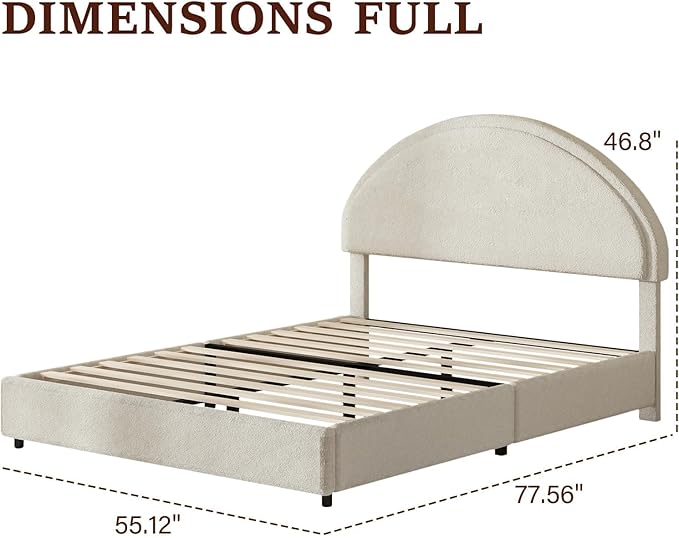 Full Size Bed Frame with Round Headboard, Upholstered Platform Bed Frame, Boucle Soft Bed Frame, Modern Style, No Box Spring Required, Easy Assembly, White